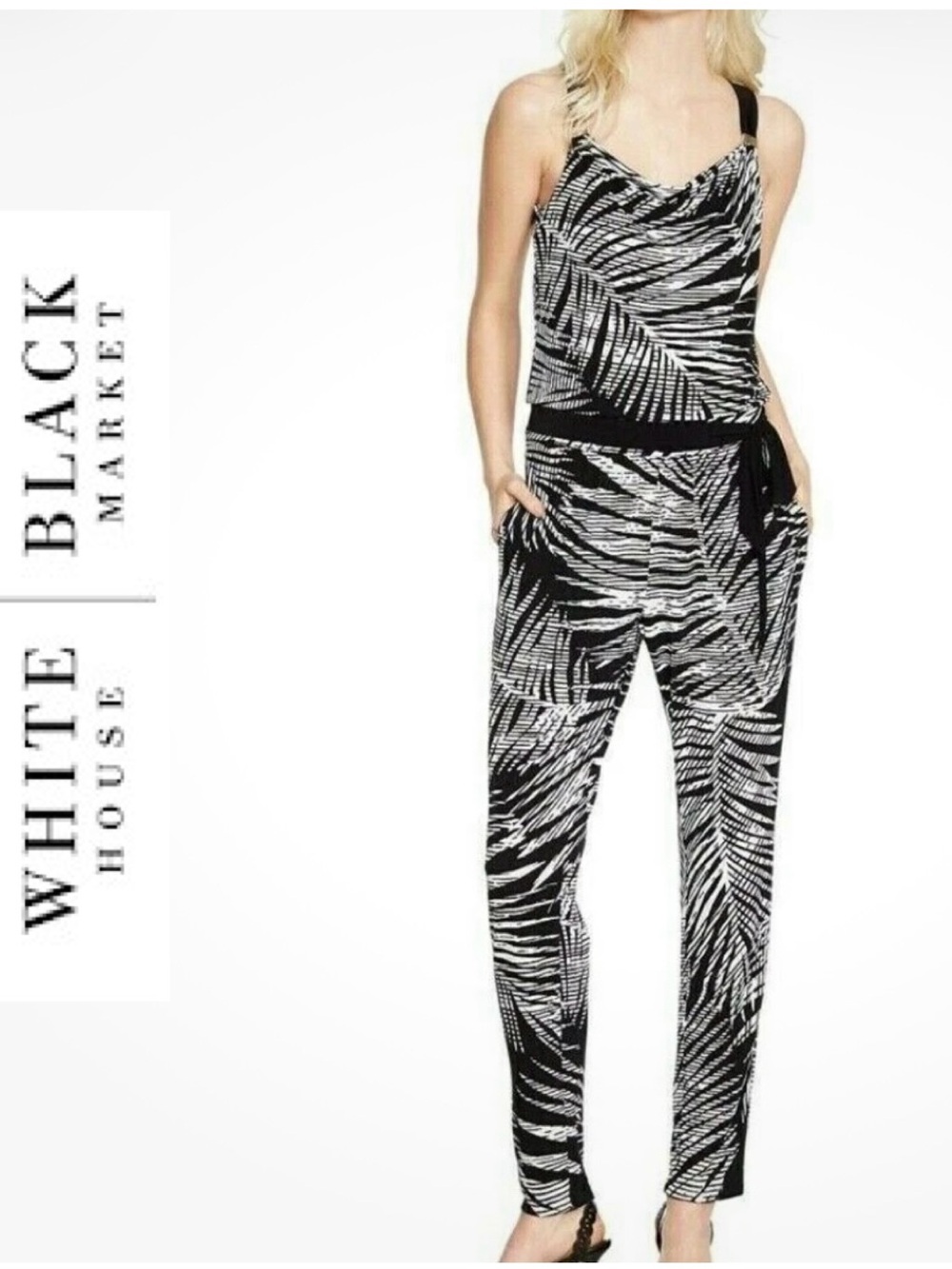 White House Black Market Black/White Palm Printed Jumpsuit - Picture 1 of 7